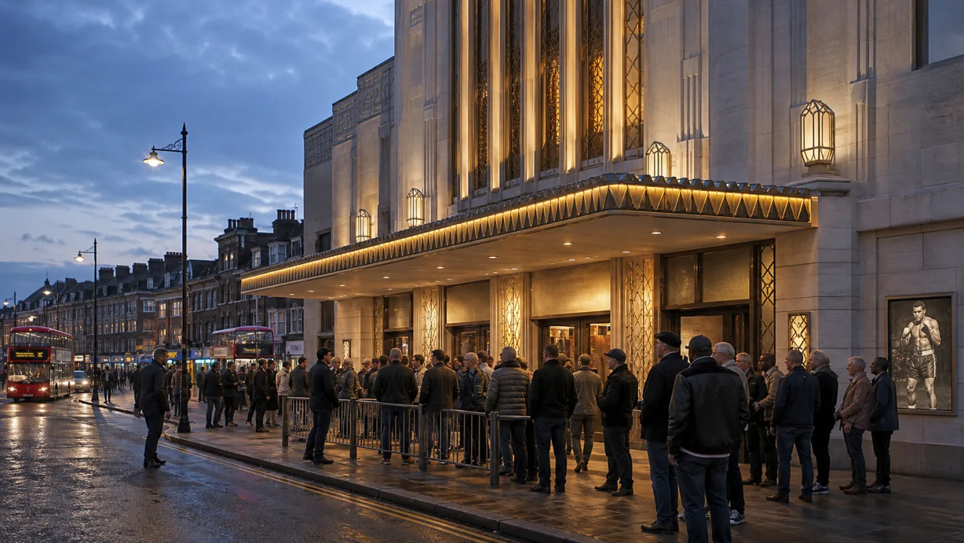 Artist's impression of a boxing crowd arriving at an Art Deco East London venue