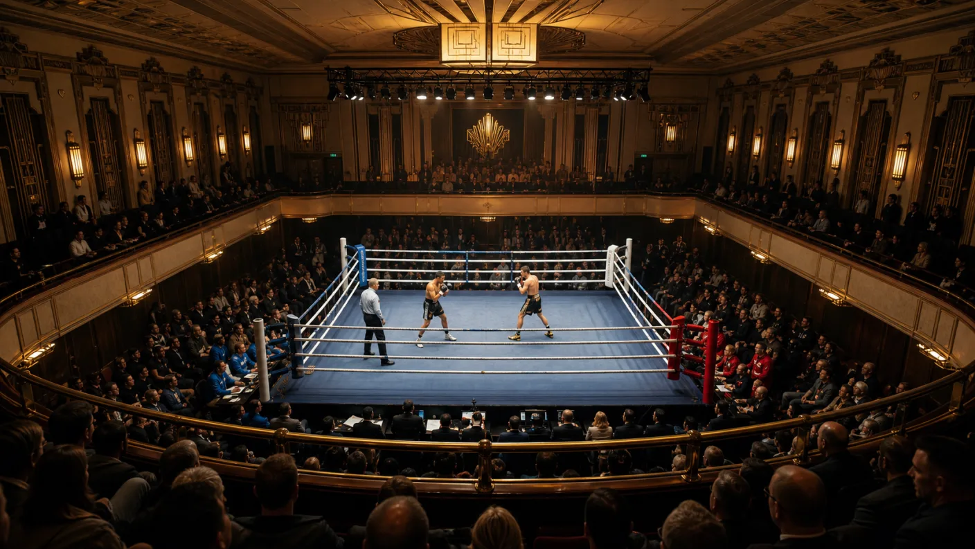 Artist's impression of the full boxing ring viewed from an elevated central seat in an Art Deco hall