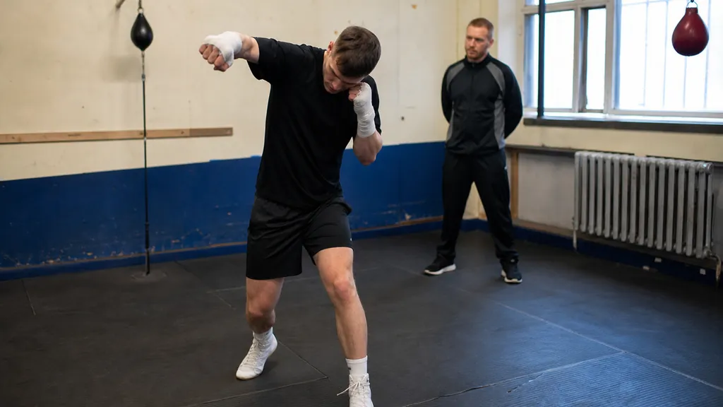 Two adult boxers working a controlled lead-hand focus-mitt drill in a community boxing gym