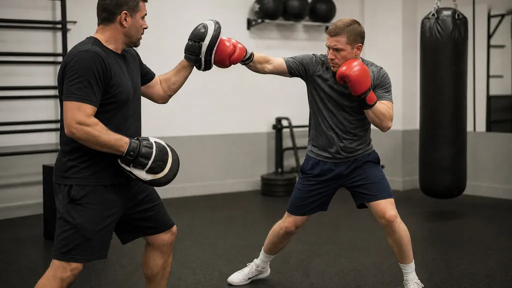Adult boxer shadow boxing with a high rear-hand guard while a coach watches foot position