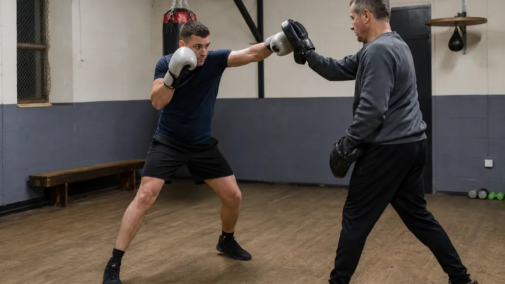 Coach holding focus mitts while an adult boxer practises a balanced technical lead-hand drill