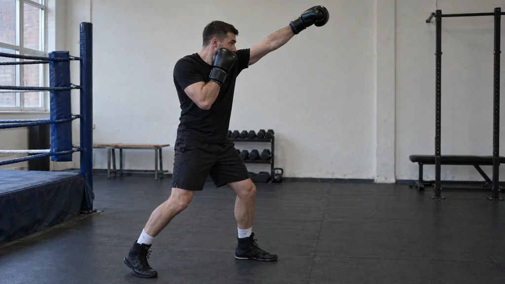 Adult boxer using a compact rising lead-hand jab on a high coach-held mitt while keeping the rear glove at the cheek