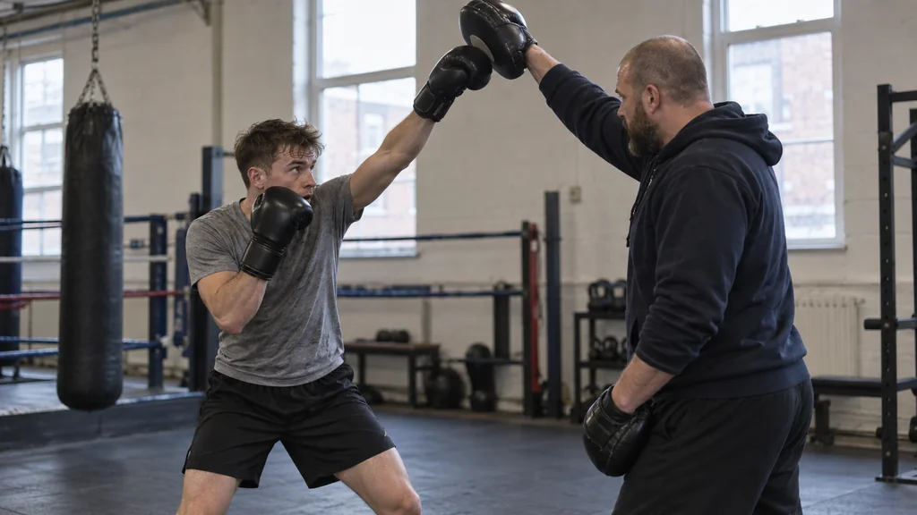 Adult boxer practising the rising lead-hand jab from a small knee bend while the rear hand protects the cheek