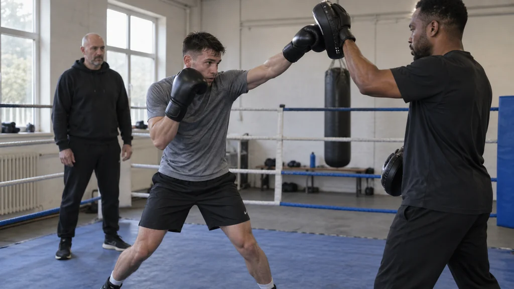 Coach-supervised boxer finishing a compact rising jab to a raised mitt with a balanced stance and guarded return