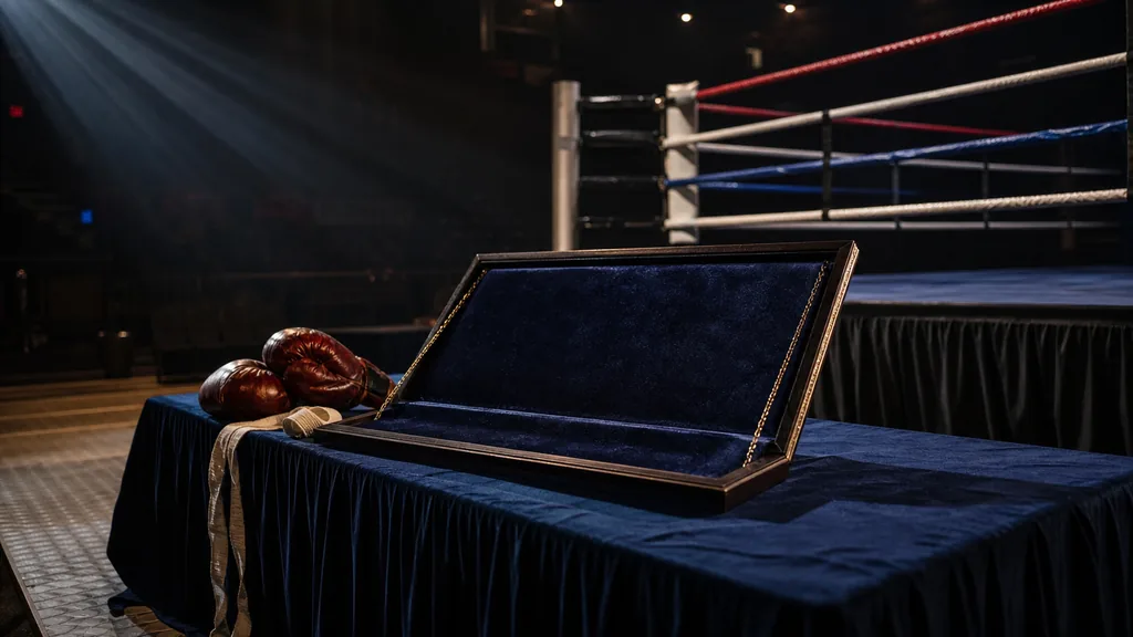 Empty title display beside a boxing ring