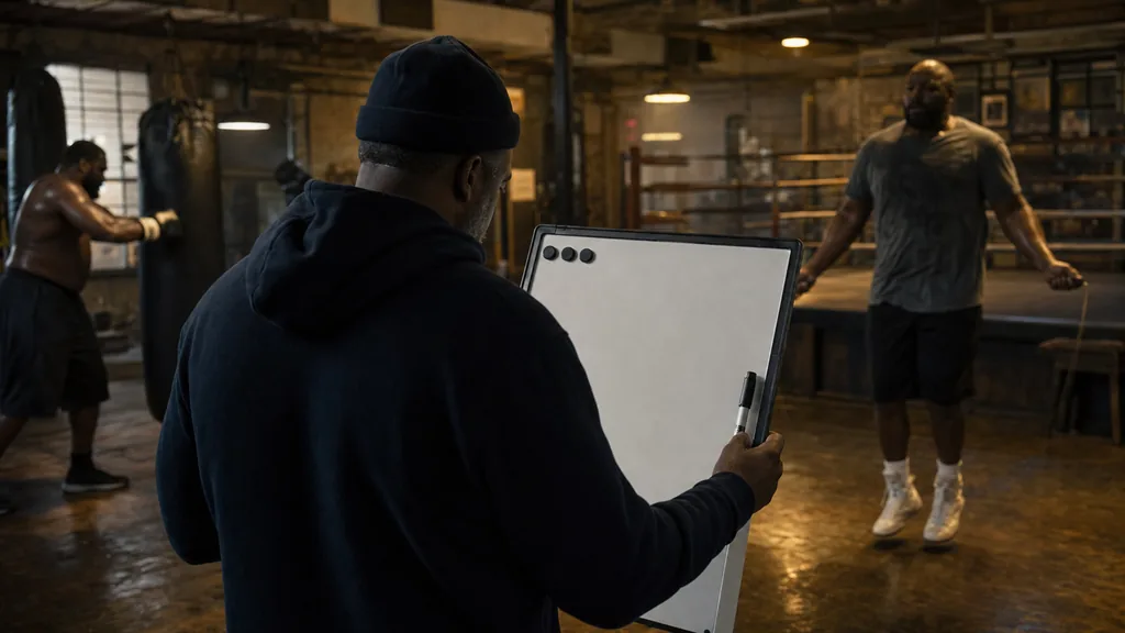 Coach studies a blank tactics board while heavyweights train
