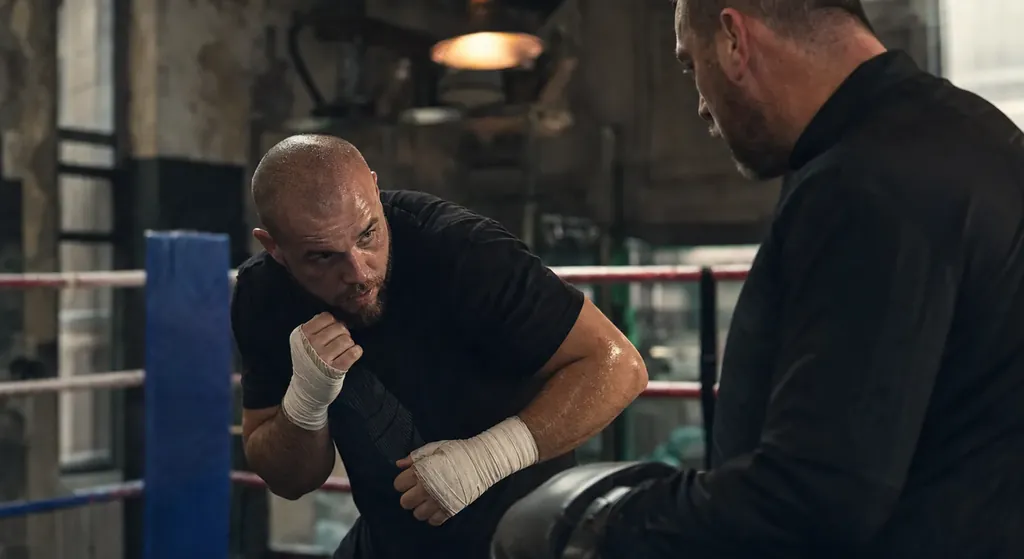 Boxer listening to a coach between rounds in a quiet gym