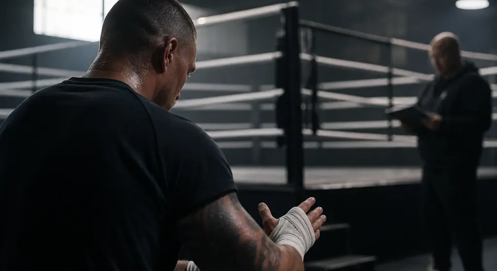 Heavyweight boxer wrapping hands before a final training camp