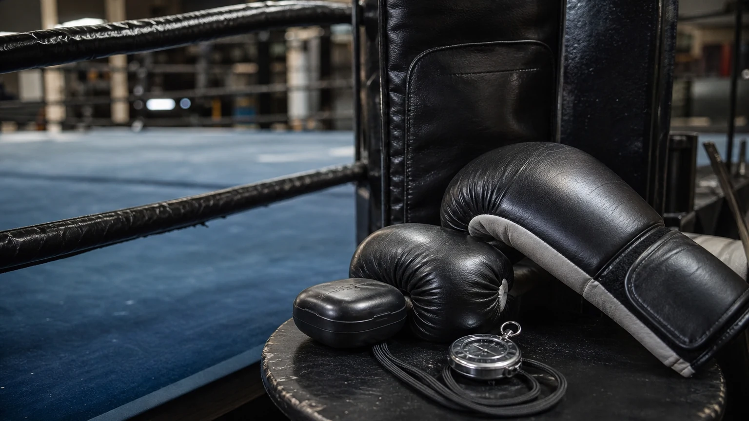 Referee tools, gloves and stopwatch beside a boxing ring