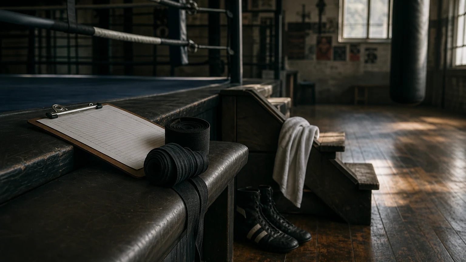 Scorecard clipboard, wraps and boxing boots beside the ring steps