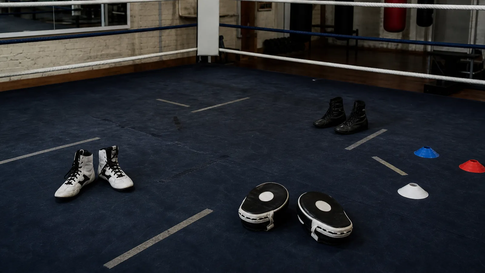 Boxing boots, pads and distance markers in an empty ring