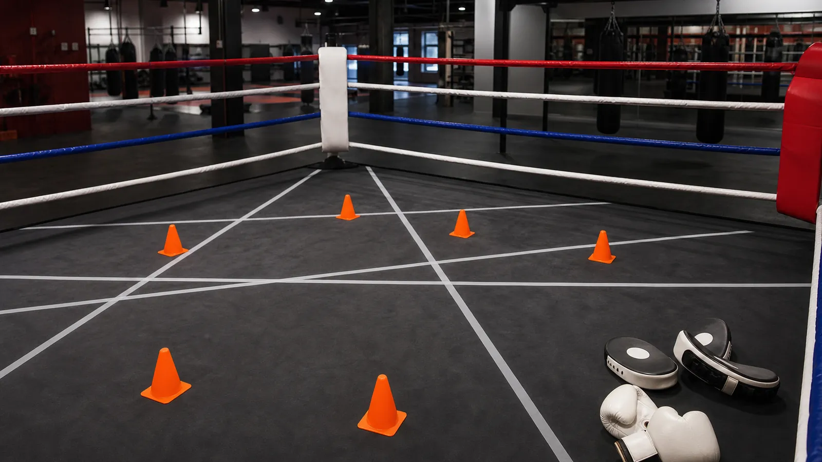 Footwork cones, tape lines, pads and gloves in an empty ring