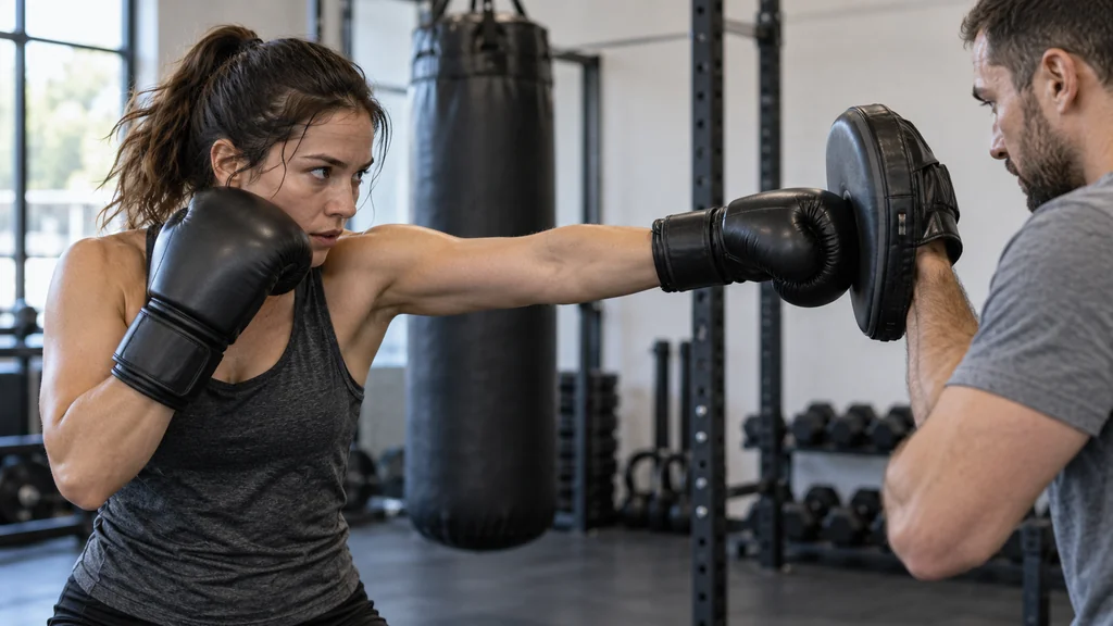 Adult boxer holding an upright lead fist while preparing a compact vertical jab on a coach-held focus mitt in an unbranded community boxing gym
