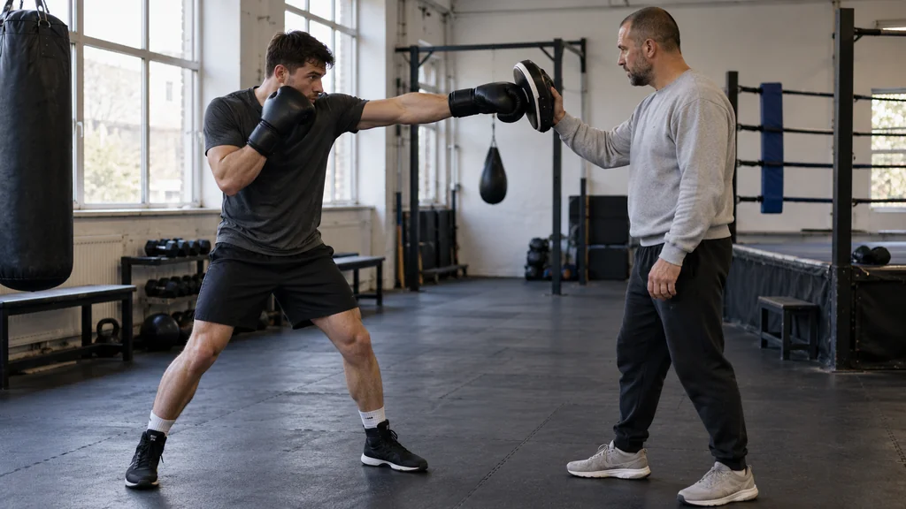 Coach checking that an adult boxer keeps the elbow behind a compact upright-fist jab during a controlled focus-mitt drill