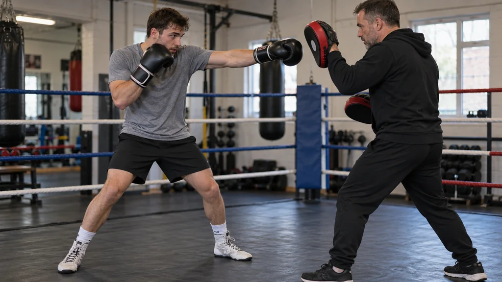 Adult recreational boxer extending an upright-fist jab towards a coach-held mitt while keeping the rear glove beside the face