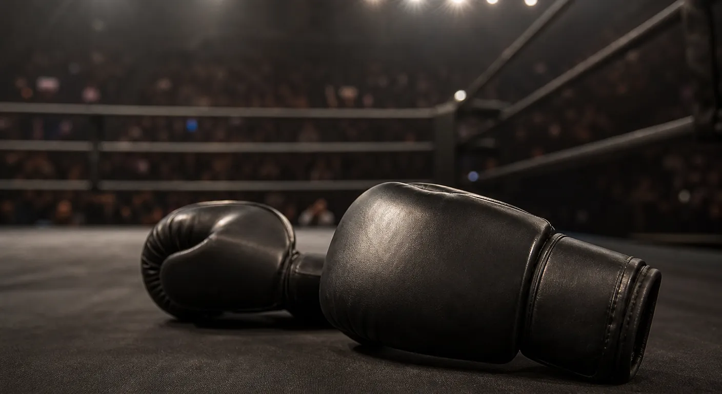 Empty heavyweight boxing ring under arena lights before fight night