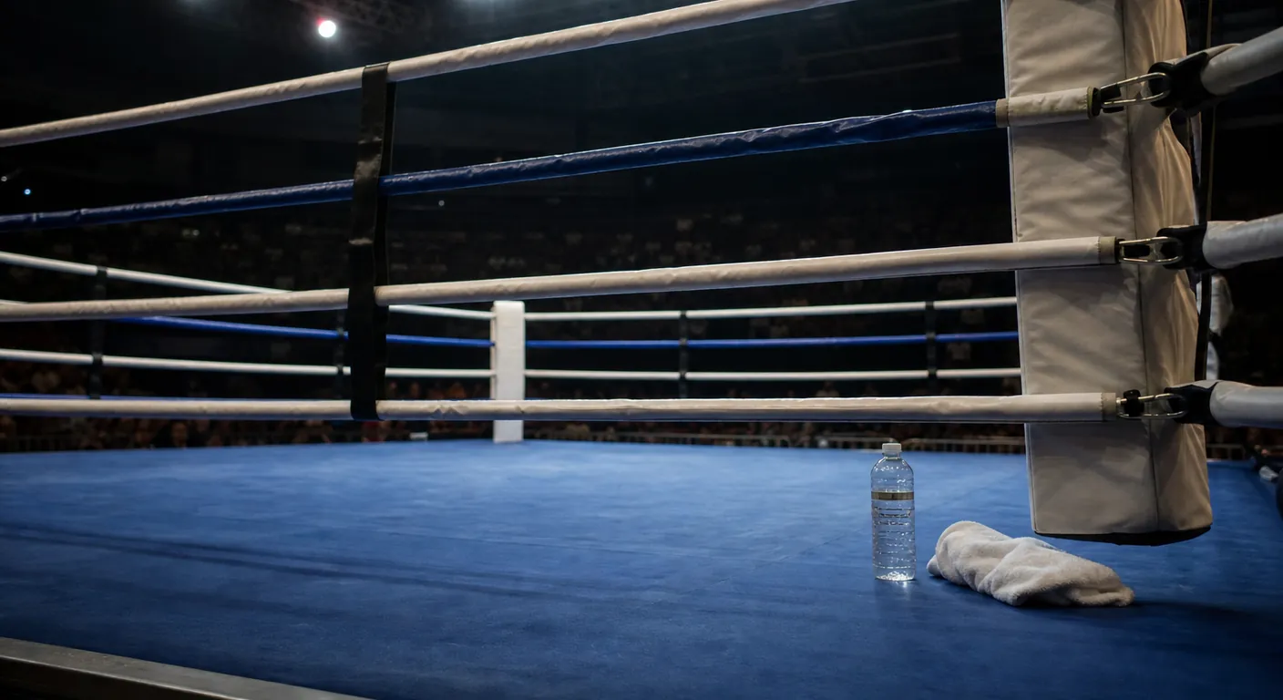 Plain boxing gloves on the canvas before a British heavyweight fight night