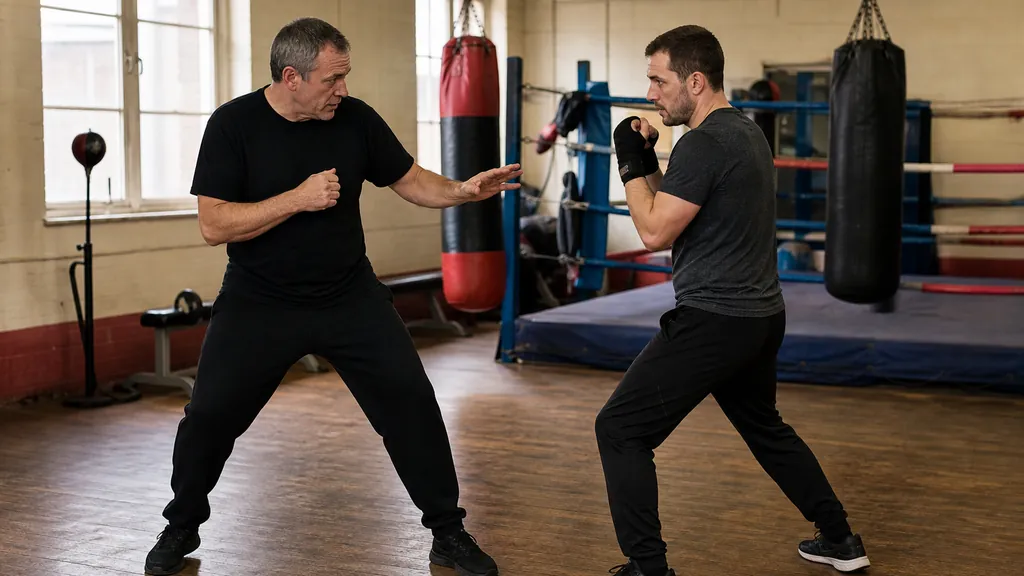 Adult recreational boxer throwing a compact rear straight into a heavy bag while a coach observes