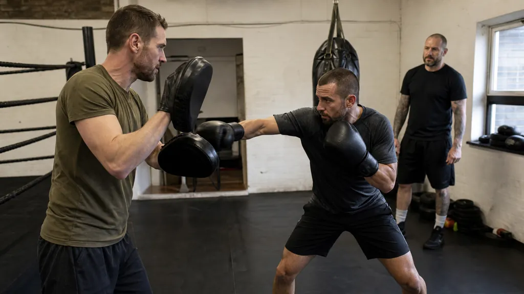 Coach demonstrating a compact grounded boxing stance to an adult recreational student
