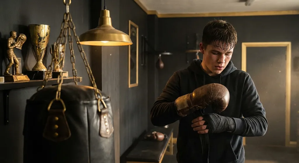 Young boxer practising pad work with a coach