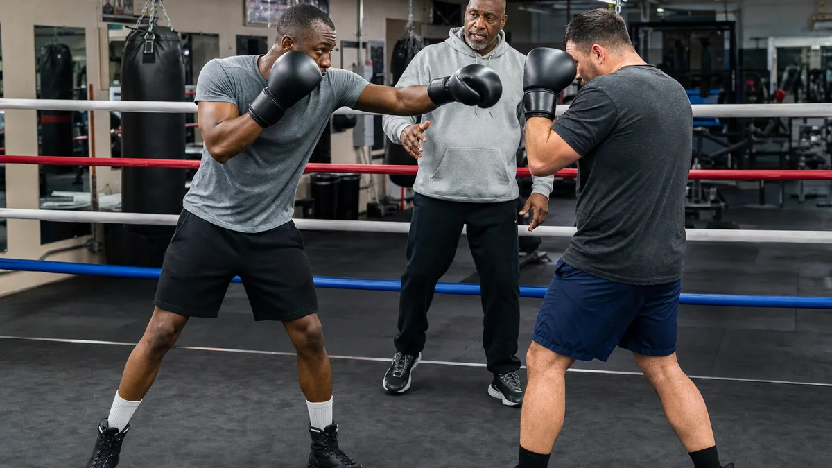 Coach watching two adult boxers practise a jab and angled exit in a community boxing gym