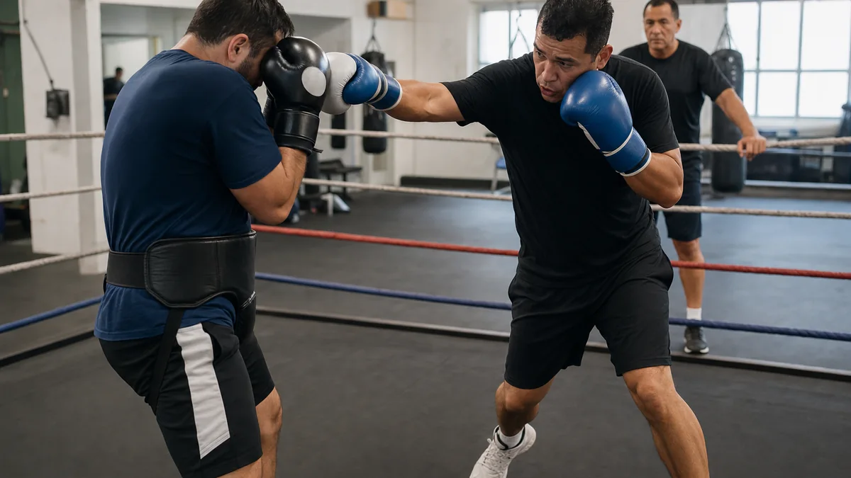 Two boxers doing controlled partner work with one boxer recovering guard after a straight right hand