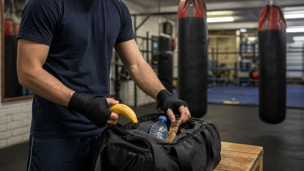 Adult recreational boxer packs a banana, snack bar and water bottle in a gym bag before class