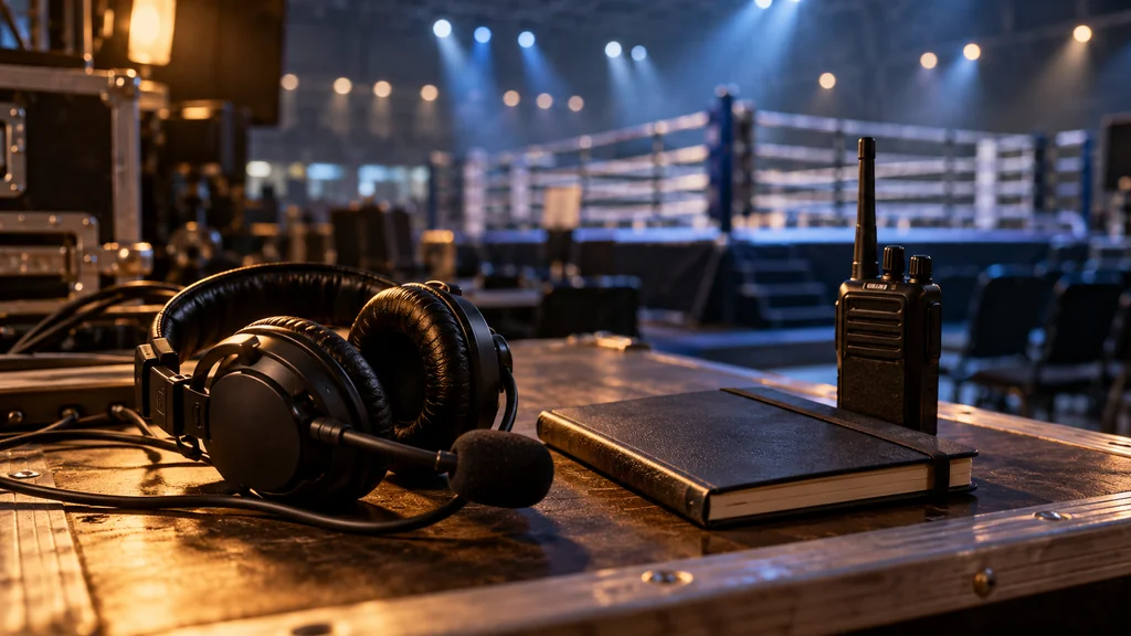 Generated illustration of a broadcast headset and event notebook beside a generic boxing ring