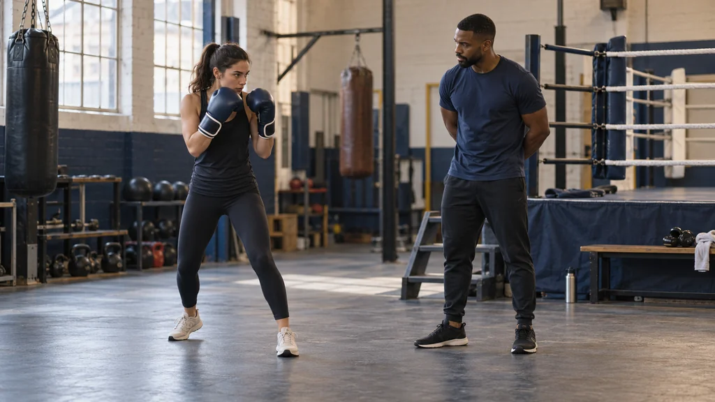 Generated illustration of an adult beginner practising her stance with a coach in a generic boxing gym