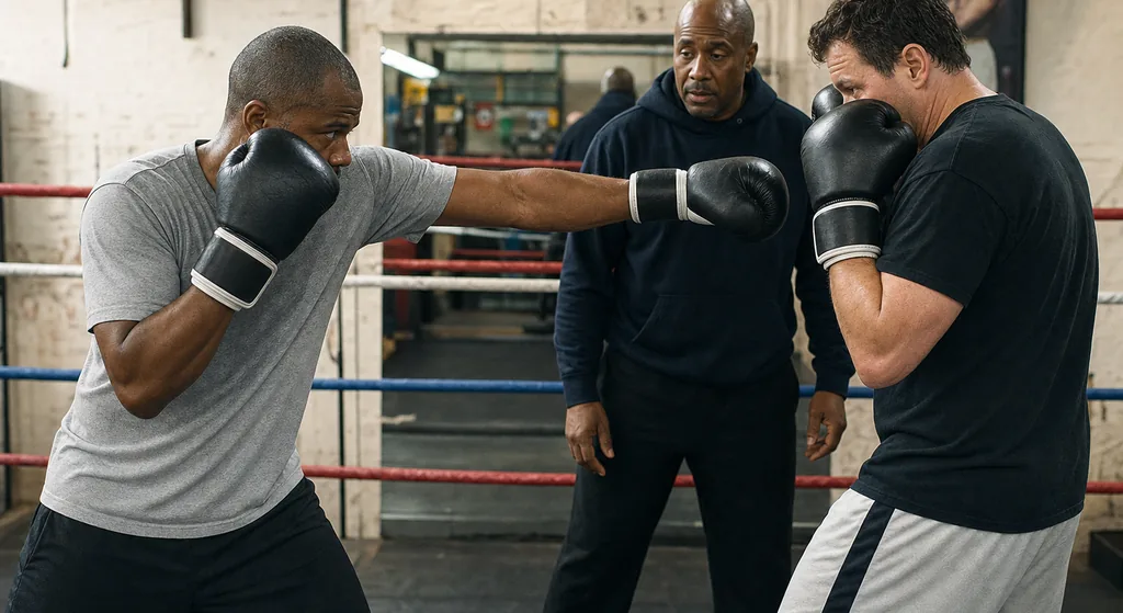 Coach adjusting an adult beginner boxer's stance and shoulder line during a defensive foundations drill