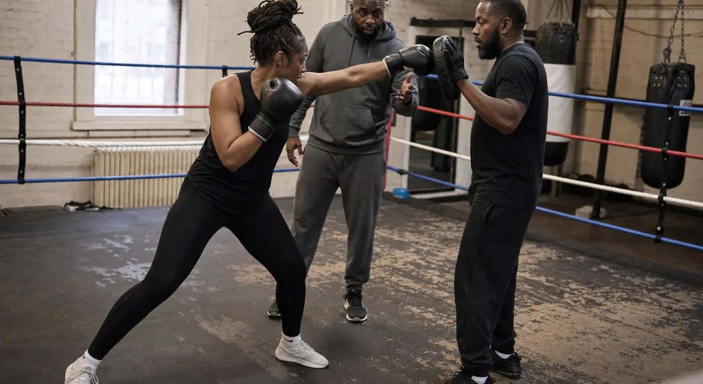 Adult recreational boxer practising a jab with the rear hand protecting the cheek while a coach watches the defensive shape
