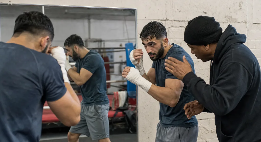 Two adult boxers doing supervised centre-line movement work with a coach watching the slip and guard position