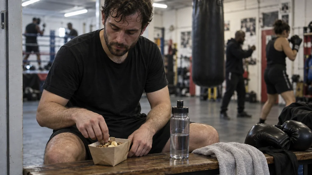 Adult recreational boxer eating yoghurt and banana after a hard boxing session