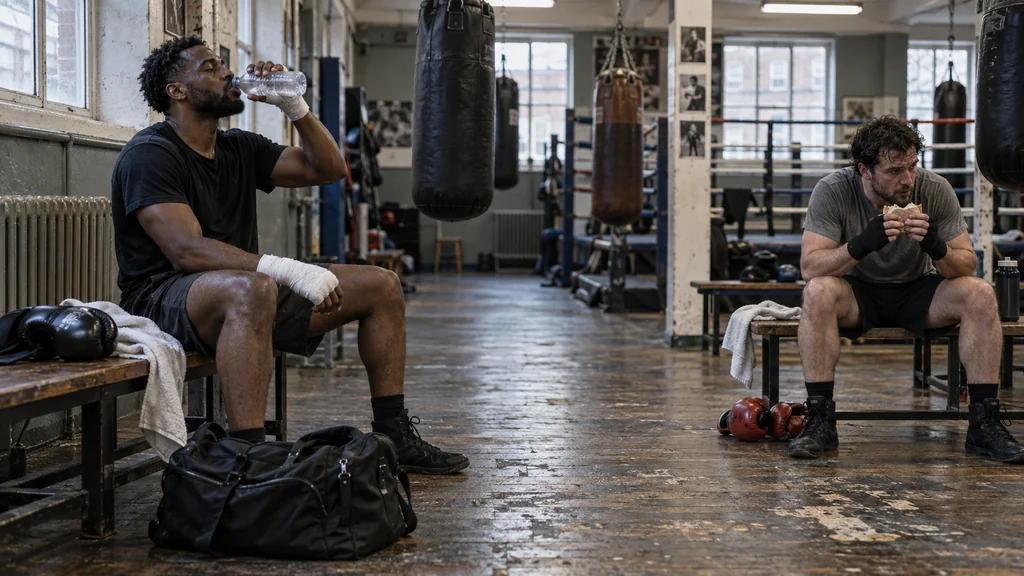 Adult recreational boxer prepares a simple snack and water before training