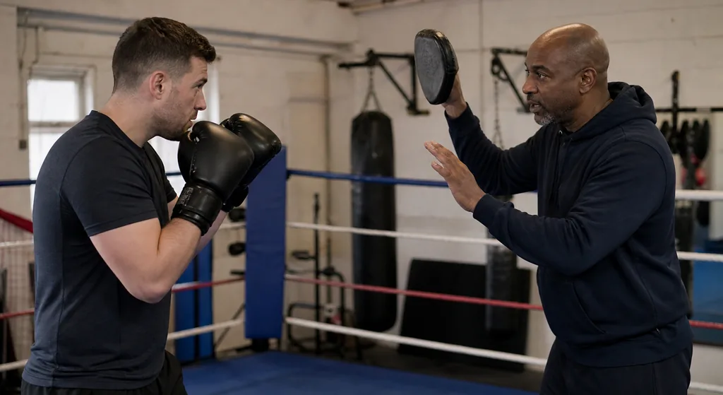 Coach showing a slow visual cue to an adult boxer who keeps a compact guard and steady focus