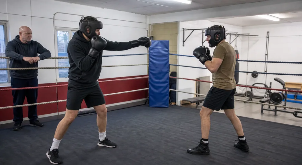 Two adult boxers using a light coach-supervised distance drill while both stay calm and focused