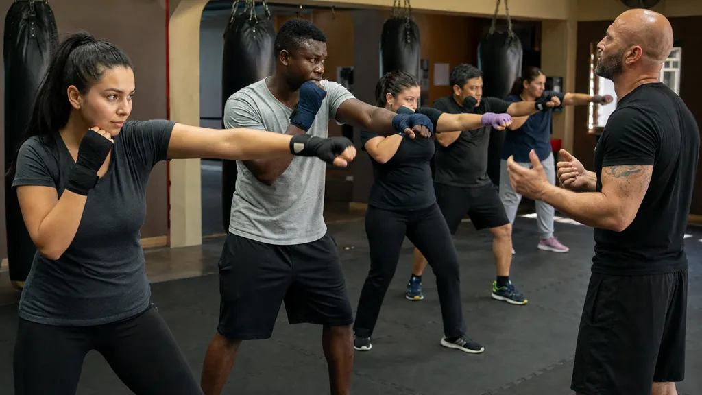 Adult beginner boxing class practising jab returns and guard position with a coach