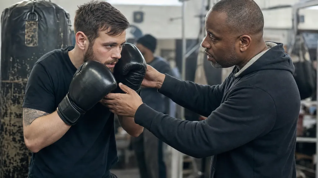 Adult beginner boxer resetting both gloves to guard while a coach checks chin and hand position