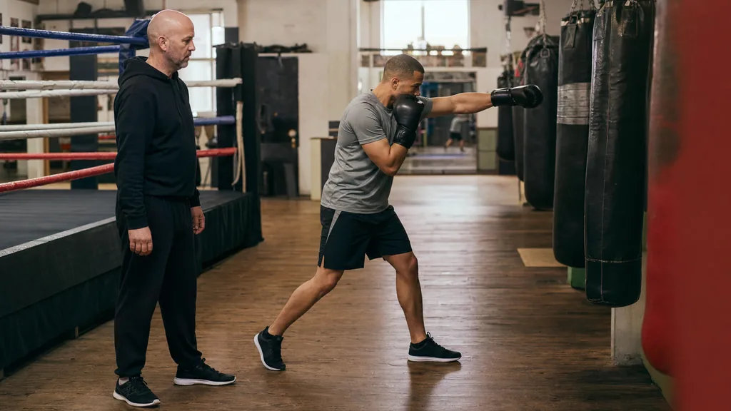 Adult beginner boxer stepping too far into a jab on a heavy bag while a coach watches the balance error