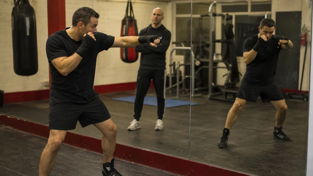 Adult boxer checking a balanced jab-cross position in a mirror while a coach watches from behind