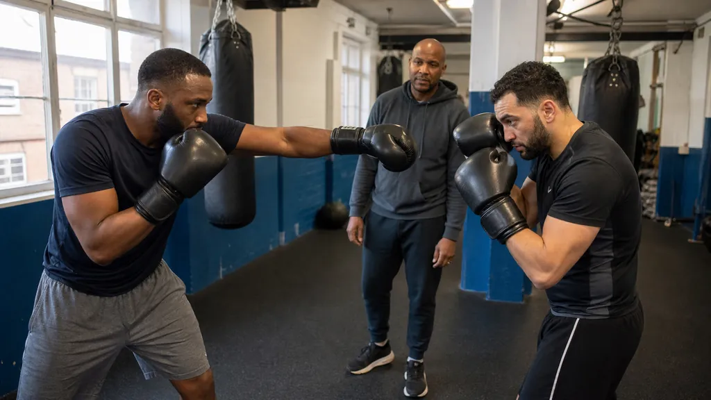 Two adult beginners working a calm, coach-supervised distance drill with eyes forward and balanced stances