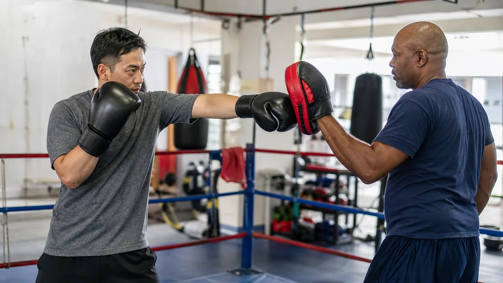 Adult beginner boxer resetting after a missed focus mitt while keeping eyes up and guard organised