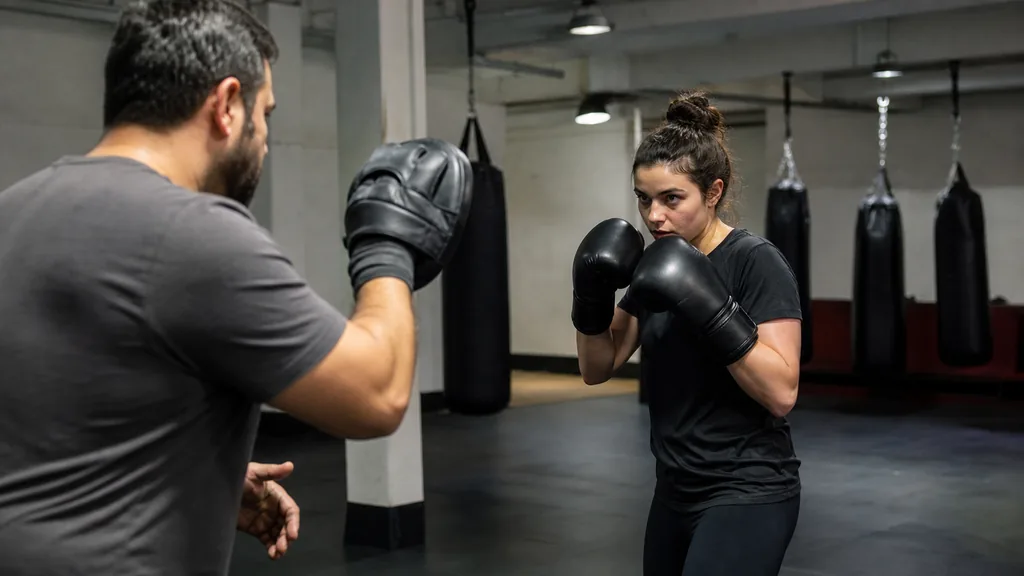 Adult boxer landing a measured single jab on a coach's focus mitt at clear range in a community boxing gym