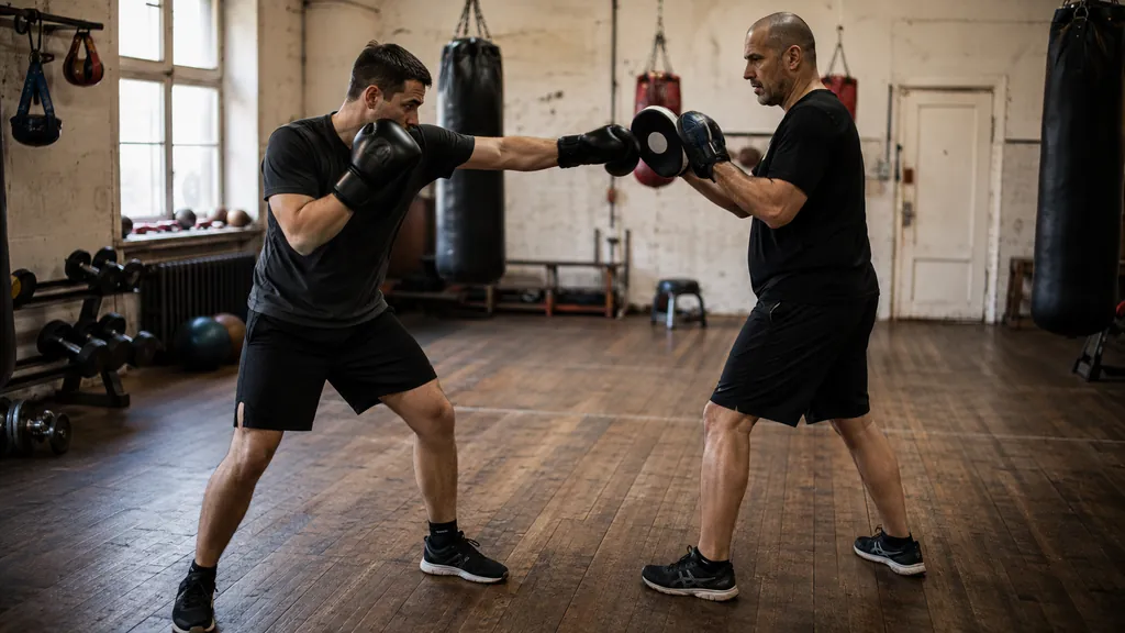 Adult beginner boxer lands a measured jab on focus mitts while a coach holds a clear target at sensible range
