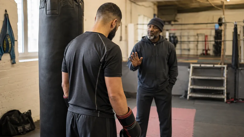 Adult boxer resets beside a heavy bag while a coach gives a quiet hand signal between controlled repetitions