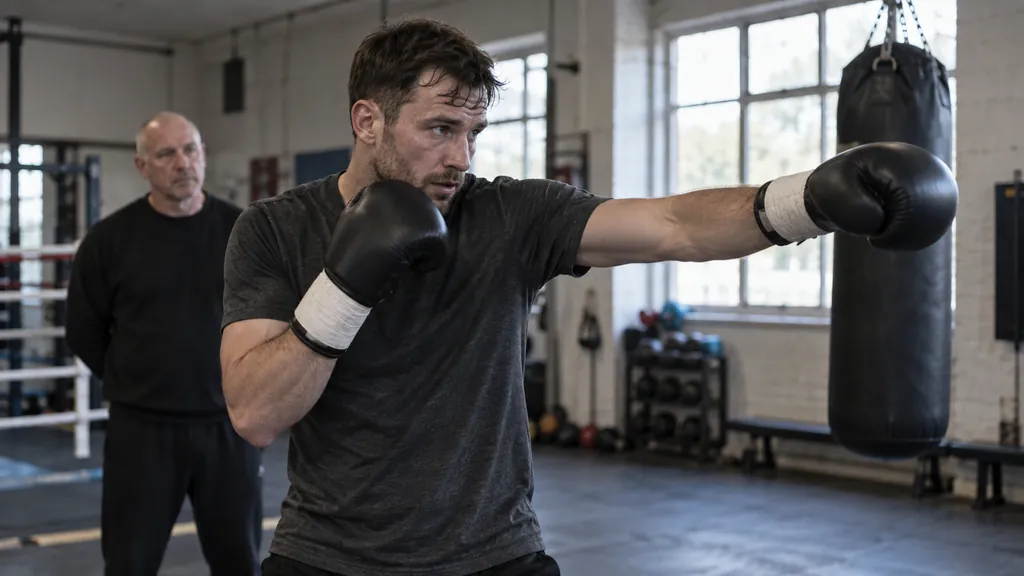 Adult boxer loosening one gloved hand while a coach holds focus mitts between rounds