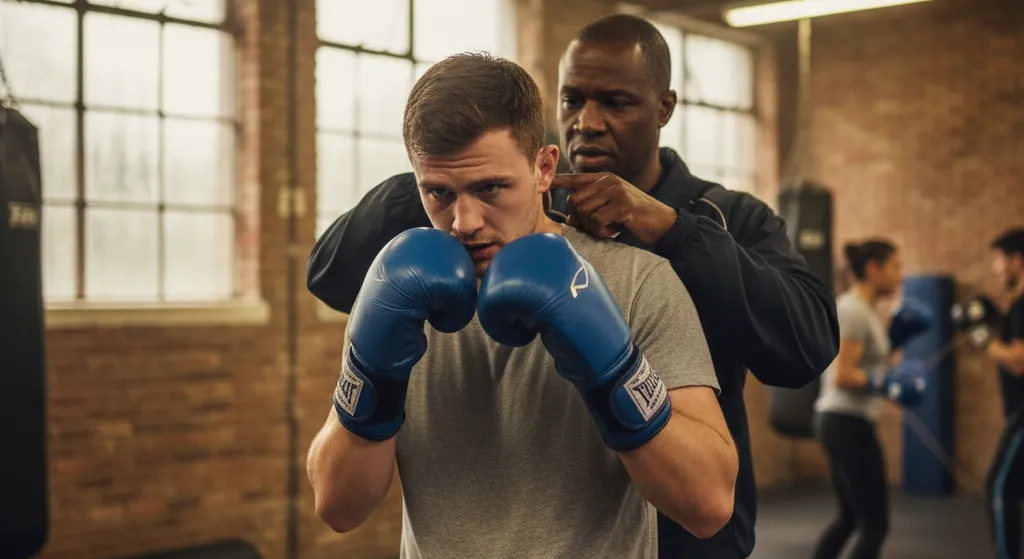 Beginner boxer holding a tense guard while a coach corrects shoulder and neck position