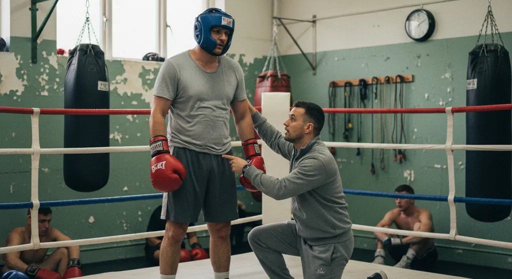Coach checking on a boxer between rounds after controlled sparring in a community boxing gym