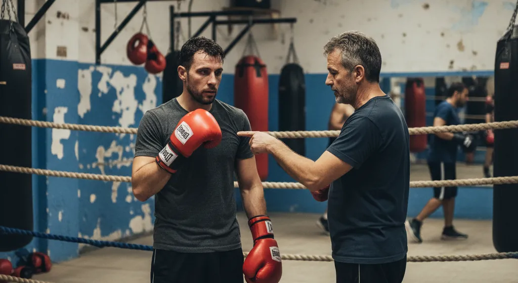 Adult beginner boxer relaxing the shoulders and resetting posture after a coached boxing round