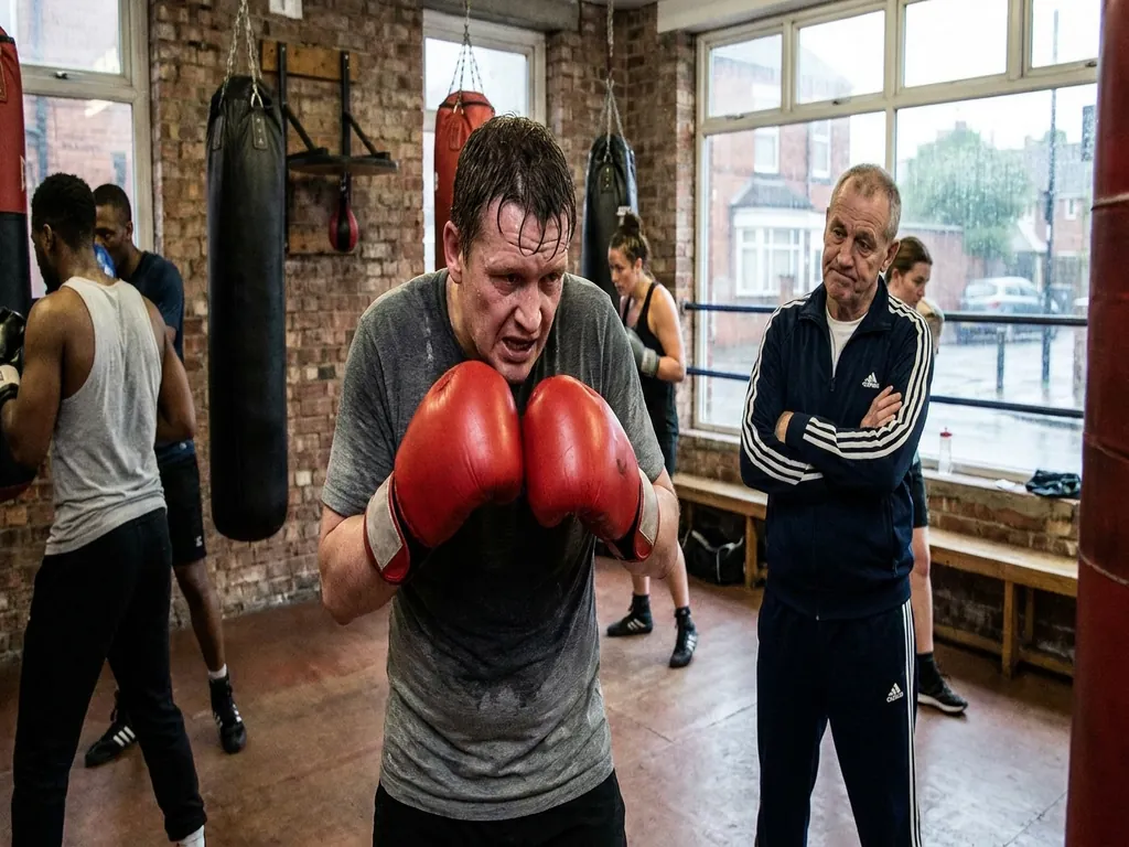 Beginner boxer holding pads and gloves too tensely during a hard boxing round in a modern gym